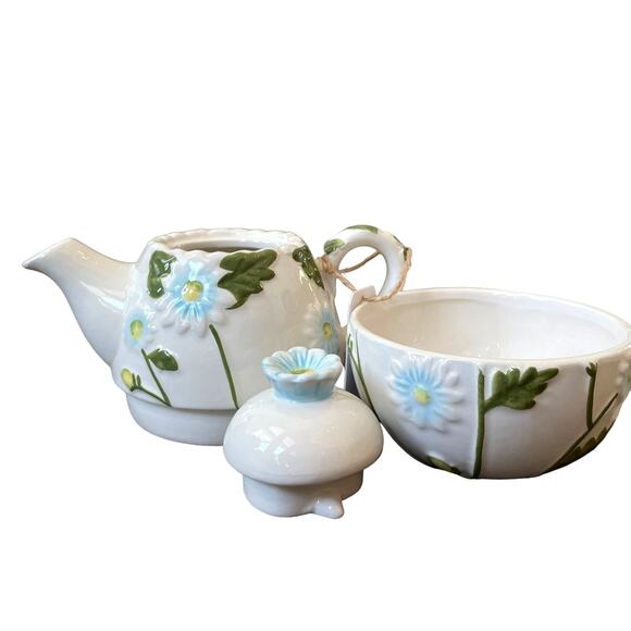 Connections 3 pc Hand Painted Spring Floral Ceramic Tea Pot & Cup For One NEW - Picture 3 of 12